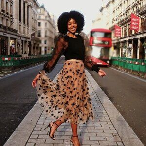 3D Posy Double-Layered Mesh Midi Skirt in Caramel